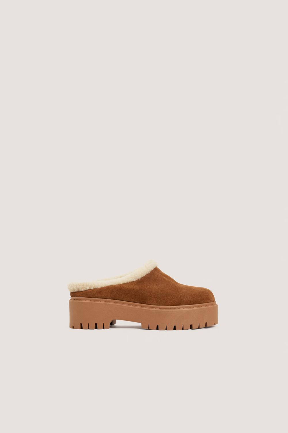 3900210-379 (1) Jonak Ralf Mules, Tobacco Split Leather and Beige Fleece