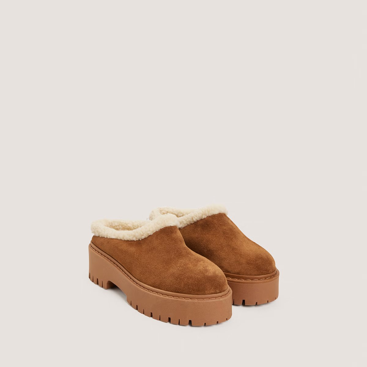 3900210-379 (2) Jonak Ralf Mules, Tobacco Split Leather and Beige Fleece