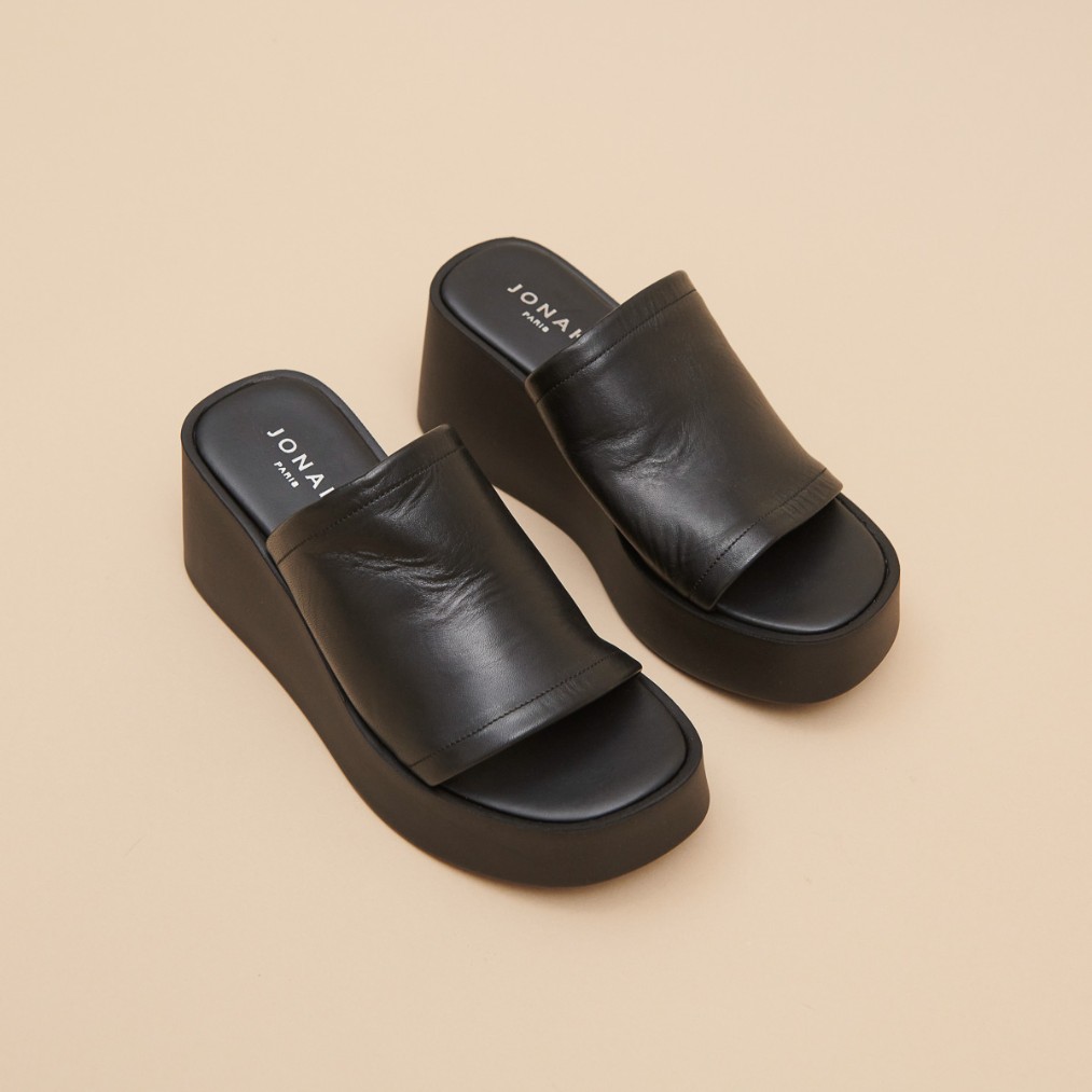 Jonak Eugene Wedge Mule, Black Leahter