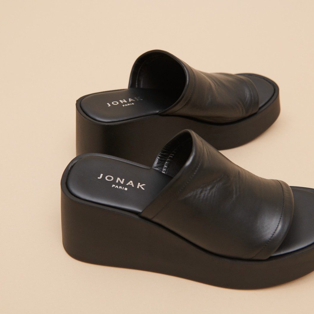Jonak Eugene Wedge Mule, Black Leahter