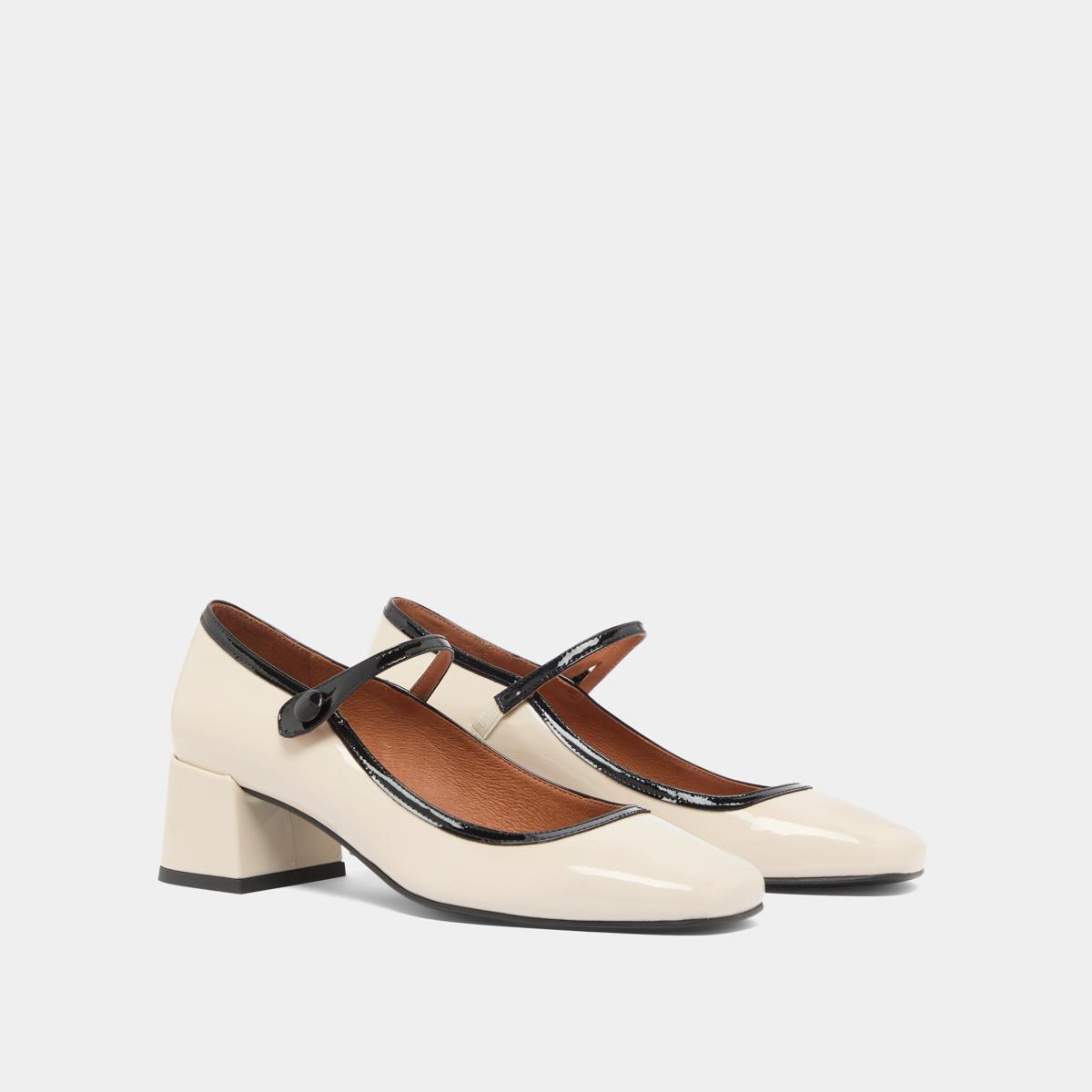 3800251-14 (5) Jonak Donzai Mary Janes, Ecru and Black Varnish