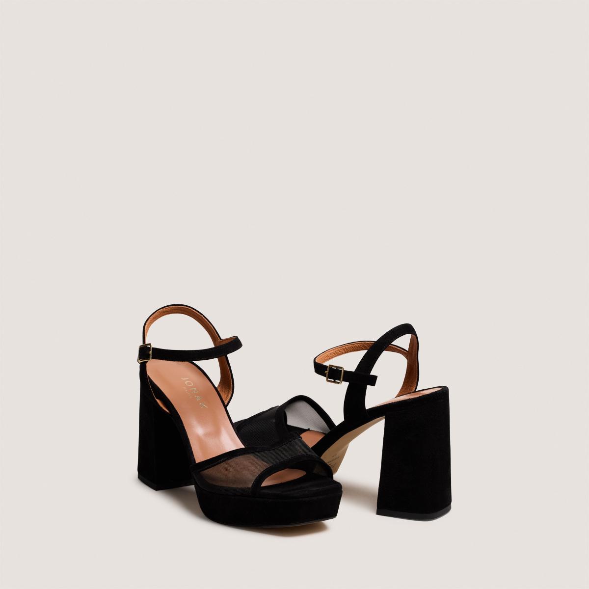 3800388-287 (1) Jonak Vapo Heeled Sandals, Black Suede and Mesh