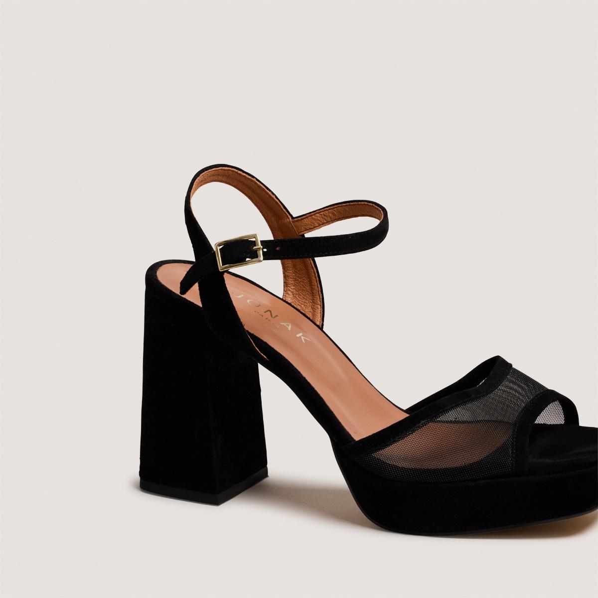 3800388-287 (5) Jonak Vapo Heeled Sandals, Black Suede and Mesh