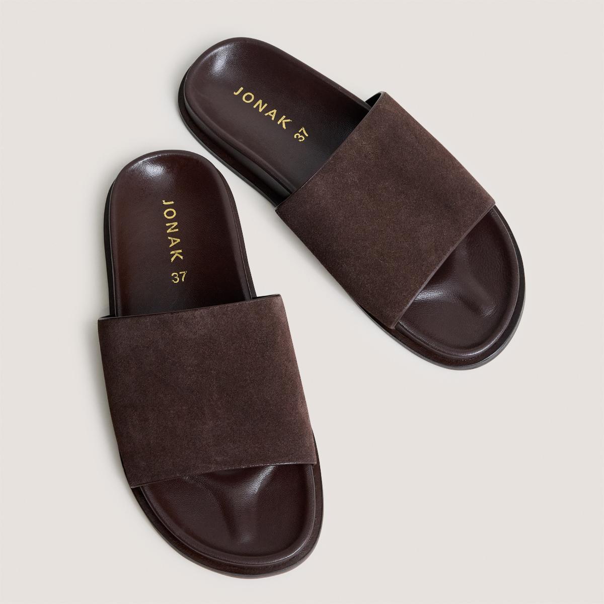 3800346-24 (1) Jonak Warner Flat Mules, Dark Brown Split Leather