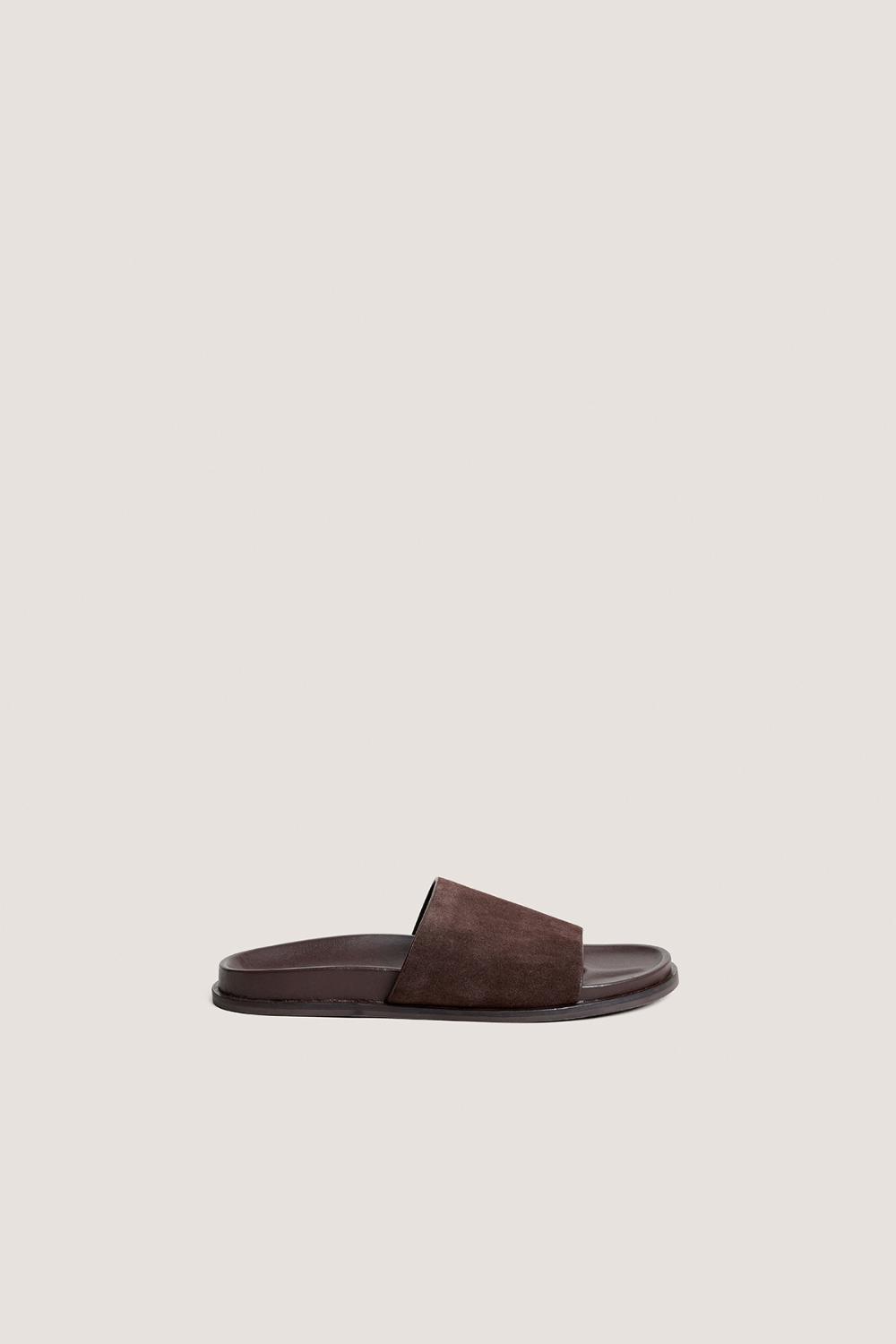 3800346-24 (2) Jonak Warner Flat Mules, Dark Brown Split Leather