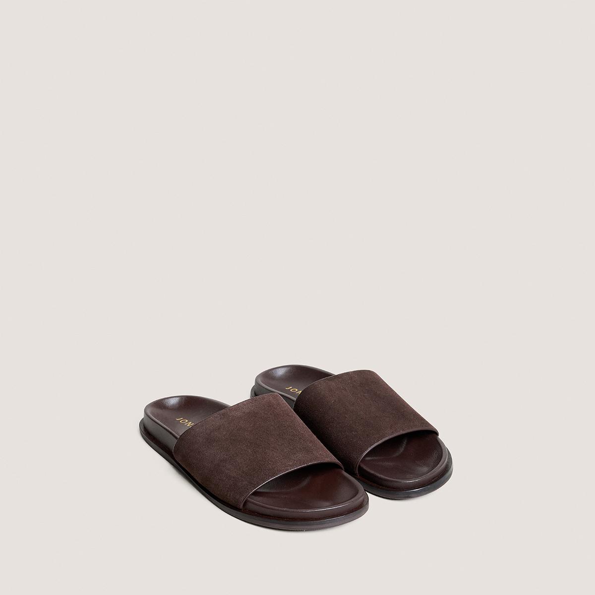 3800346-24 (3) Jonak Warner Flat Mules, Dark Brown Split Leather