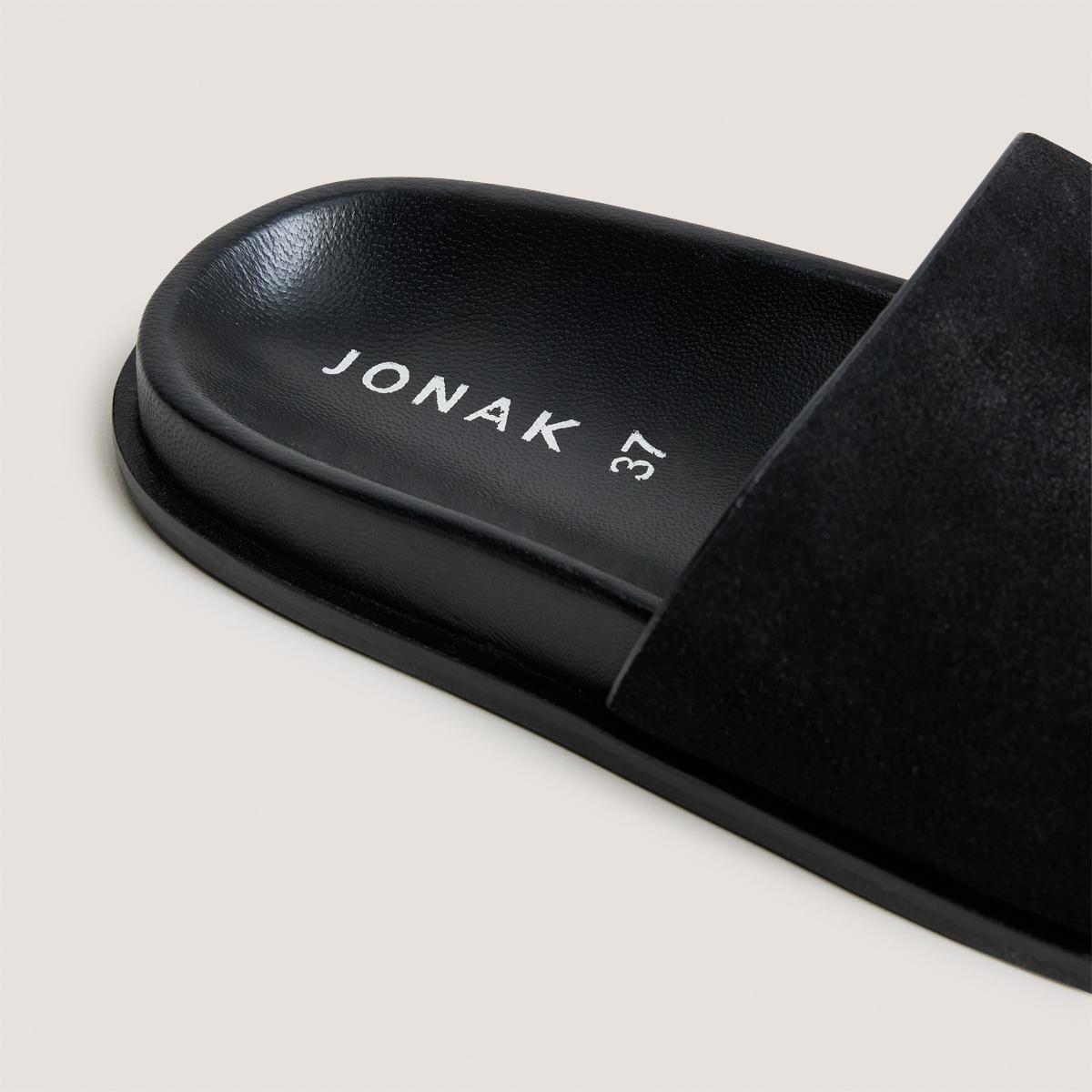 3800346-26 (2) Jonak Warner Flat Mules, Black Split Leather