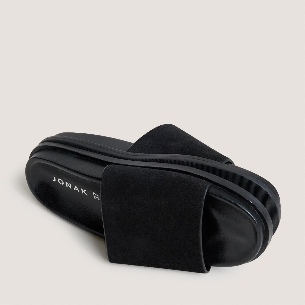 3800346-26 (3) Jonak Warner Flat Mules, Black Split Leather