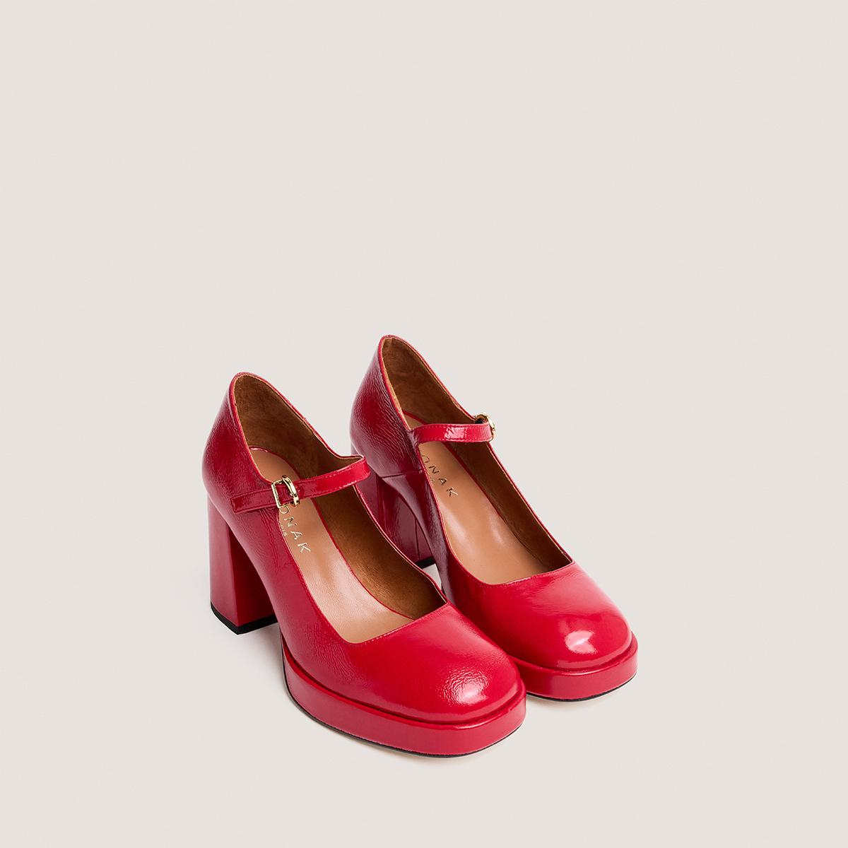 Jonak Veritox Mary Janes, Berry Red Patent Crinkled Leather