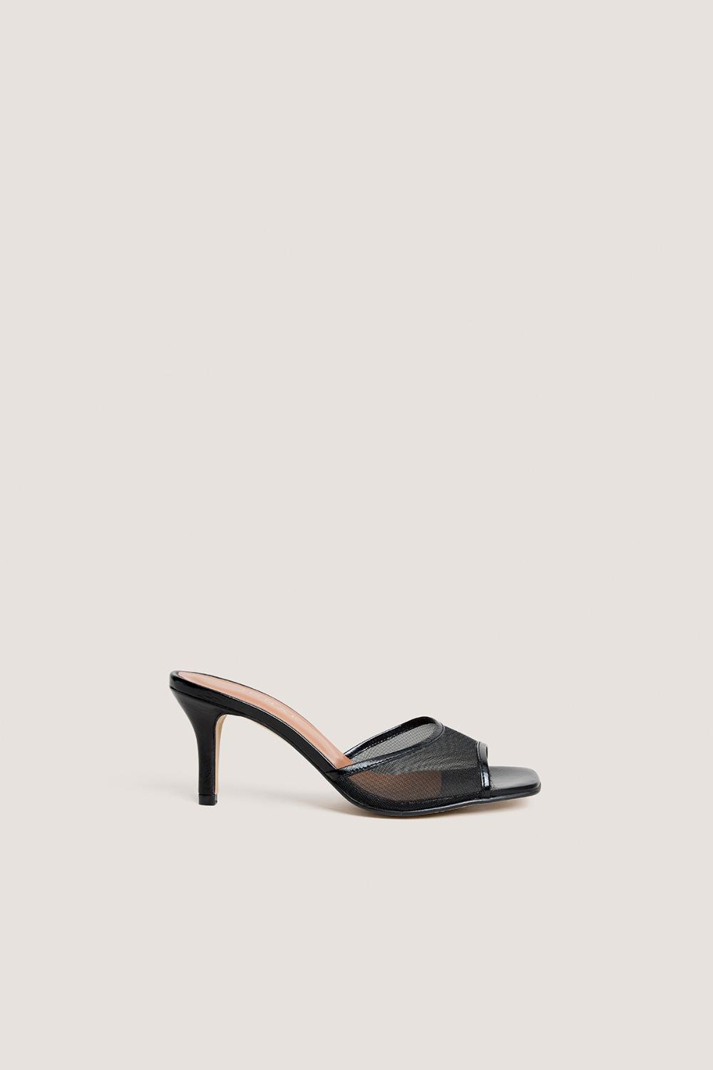 3800474-287 (1) Jonak Vav Heeled Mules, Black Glossy Leather and Black Mesh
