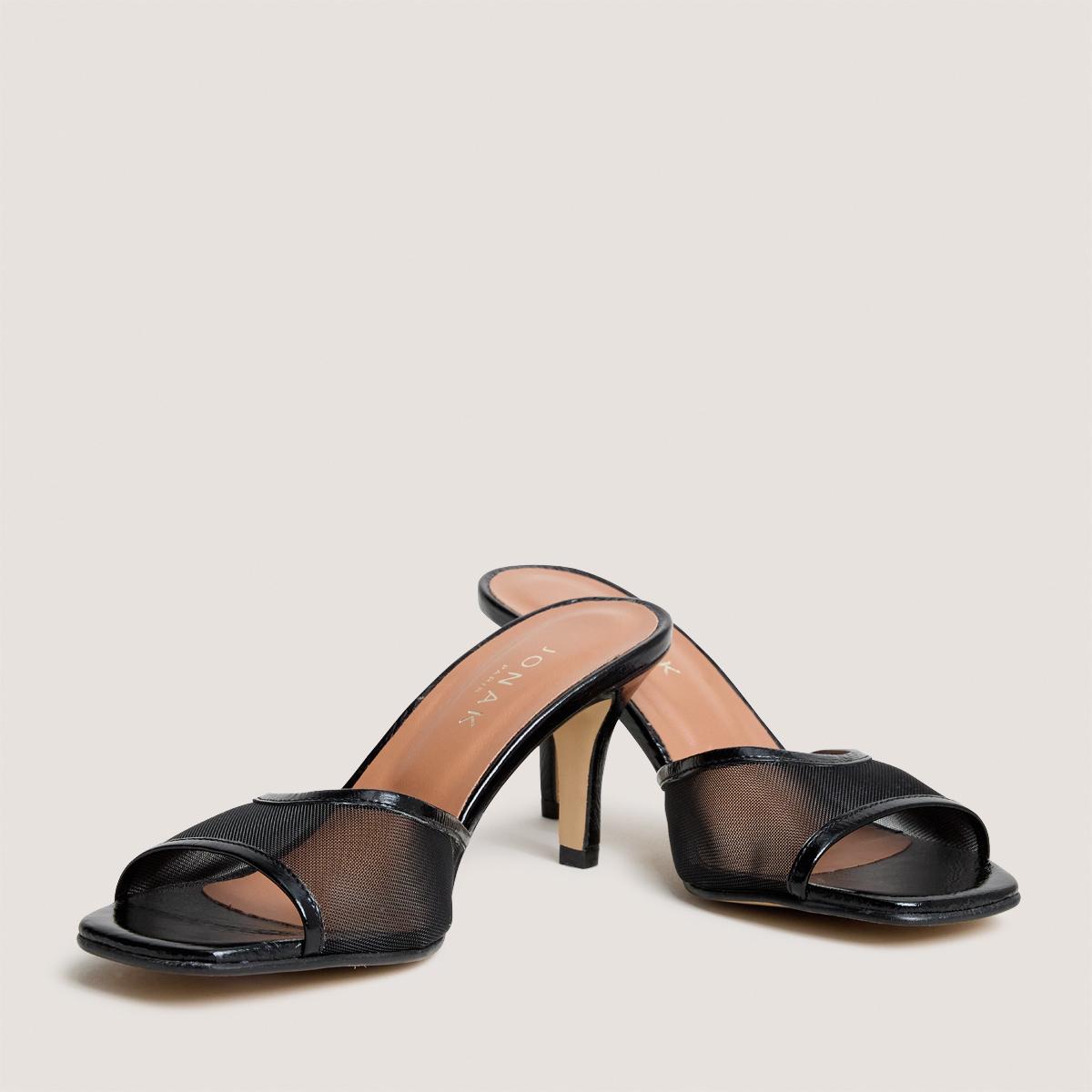 3800474-287 (2) Jonak Vav Heeled Mules, Black Glossy Leather and Black Mesh