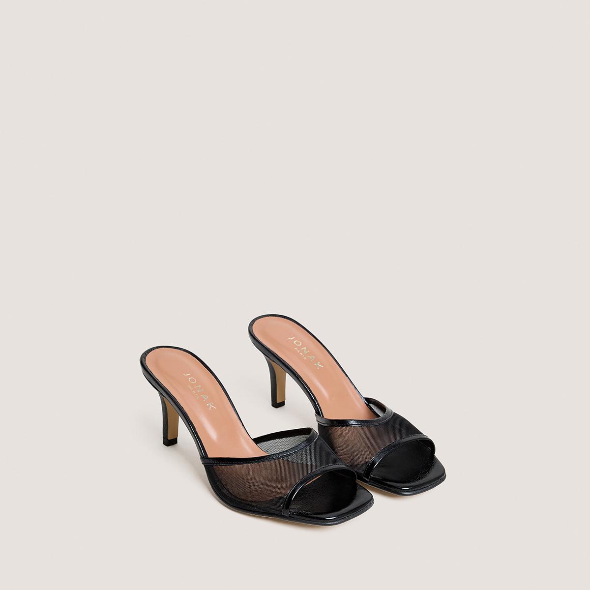 3800474-287 (5) Jonak Vav Heeled Mules, Black Glossy Leather and Black Mesh