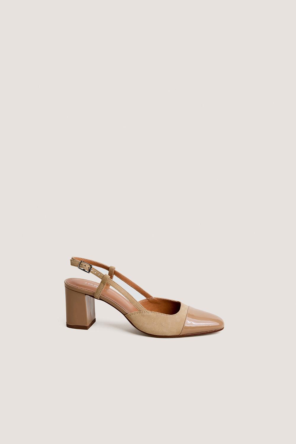 3900215-439-1 Jonak Dhapop Heeled Slingbacks, Camel Patent Leather and Velvet.