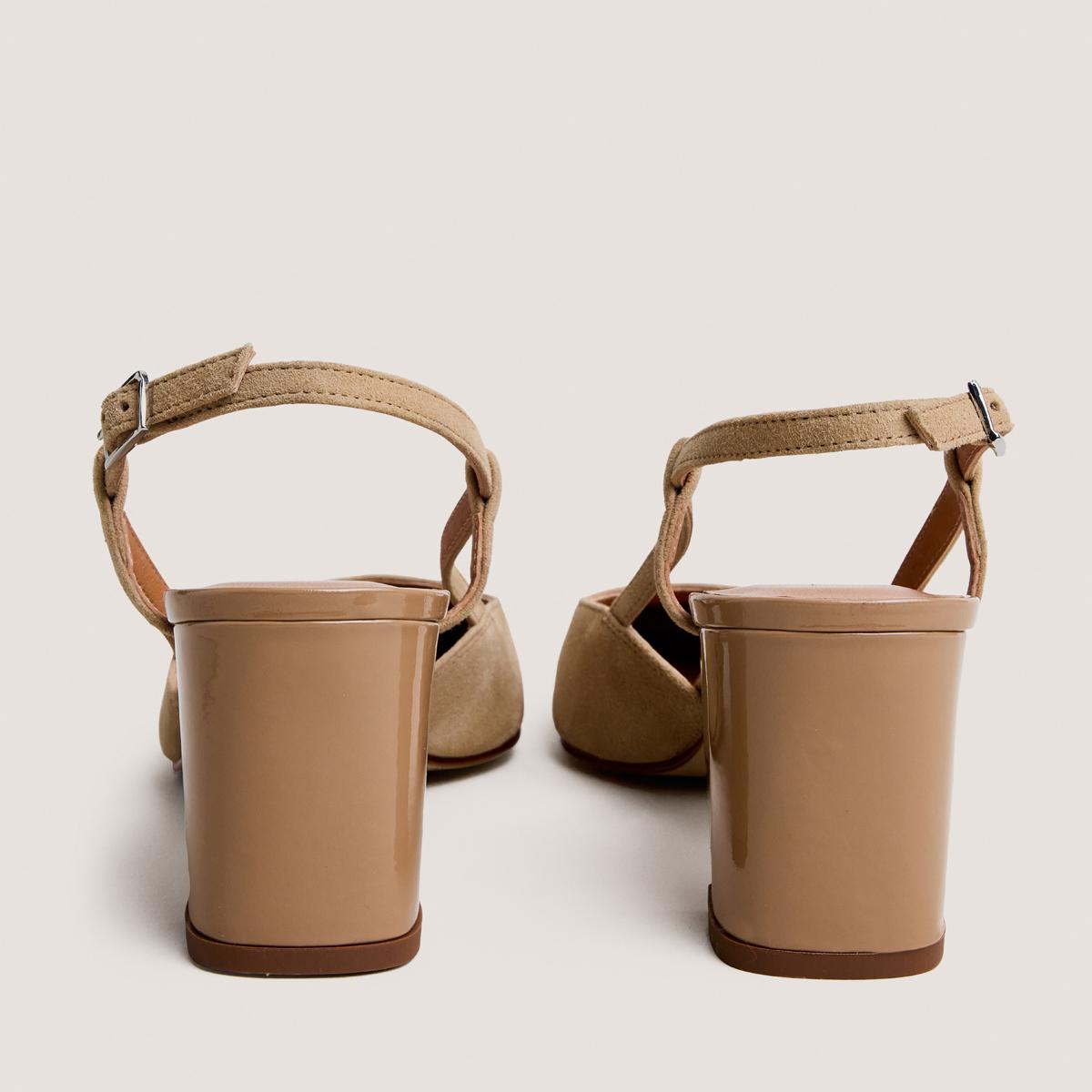 3900215-439-3 Jonak Dhapop Heeled Slingbacks, Camel Patent Leather and Velvet.