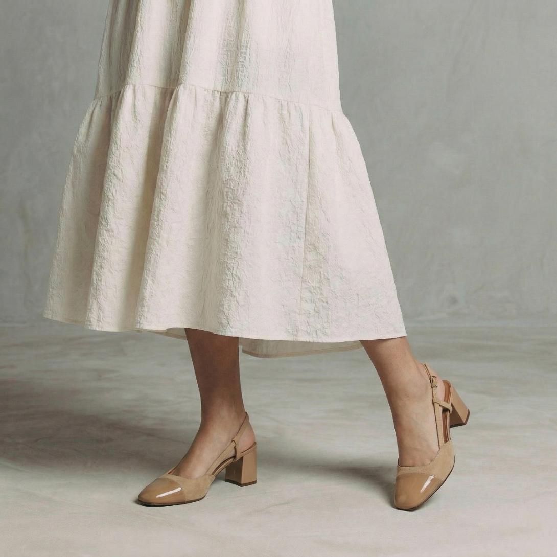 3900215-439-4 Jonak Dhapop Heeled Slingbacks, Camel Patent Leather and Velvet.