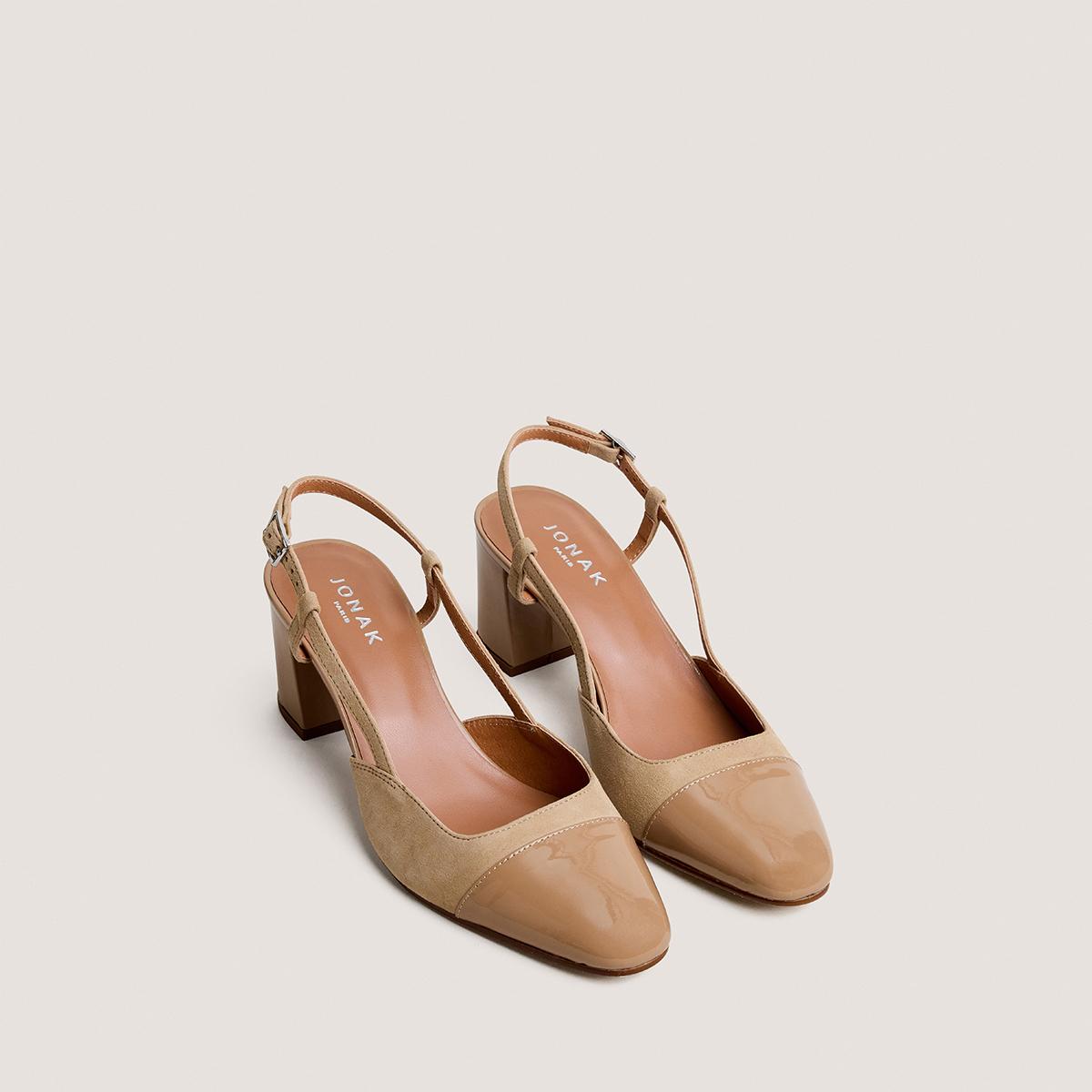 3900215-439 Jonak Dhapop Heeled Slingbacks, Camel Patent Leather and Velvet.