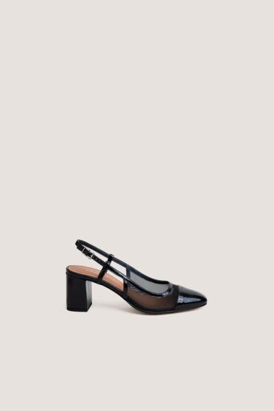 Jonak Drag Heeled Slingbacks, Black Pleated Patent Leather and Black Mesh