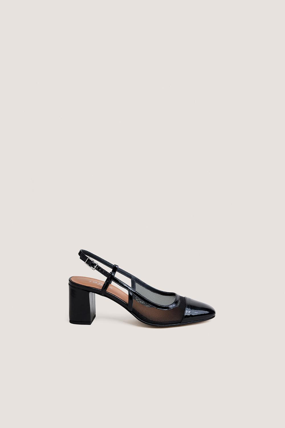 4000860-287-1 Jonak Drag Heeled Slingbacks, Black Pleated Patent Leather and Black Mesh