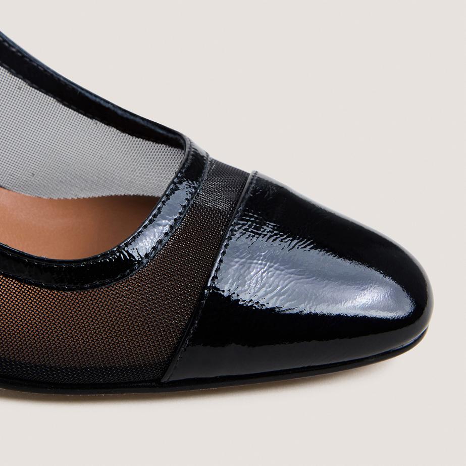 4000860-287-2 Jonak Drag Heeled Slingbacks, Black Pleated Patent Leather and Black Mesh