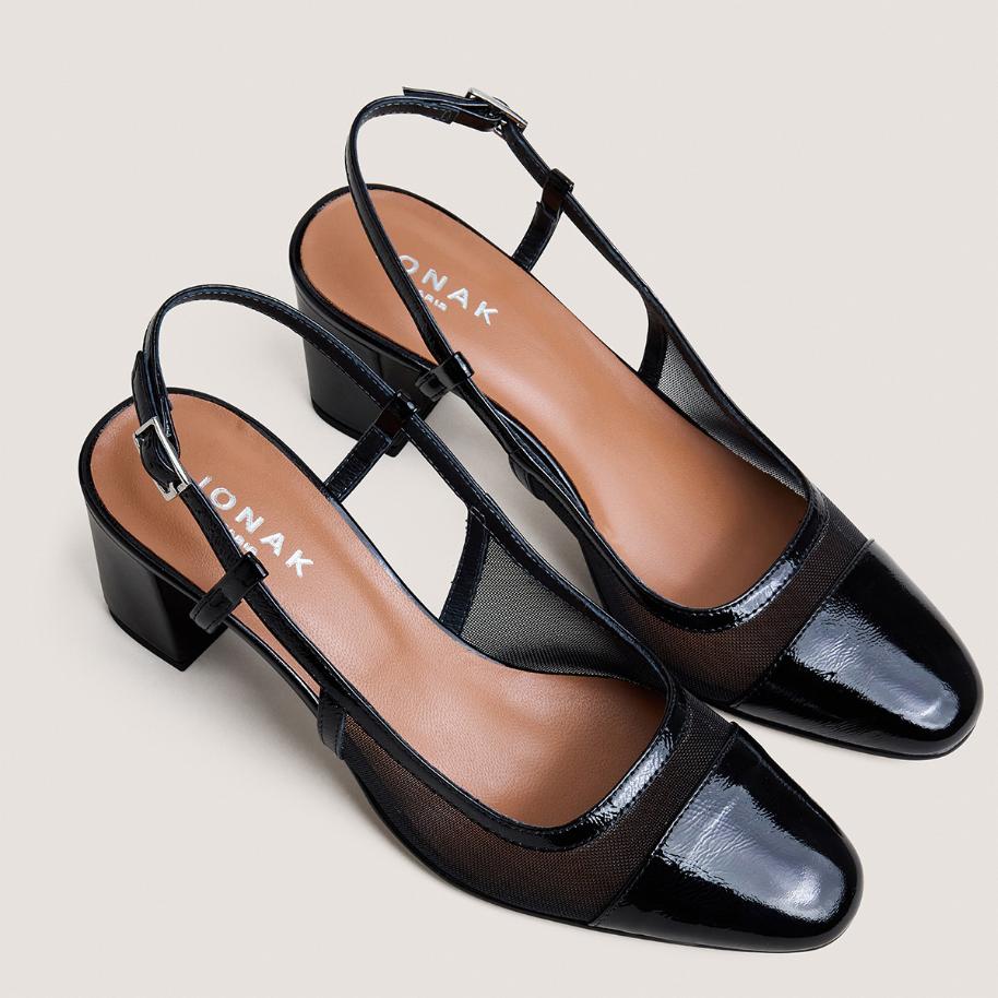 4000860-287-3 Jonak Drag Heeled Slingbacks, Black Pleated Patent Leather and Black Mesh