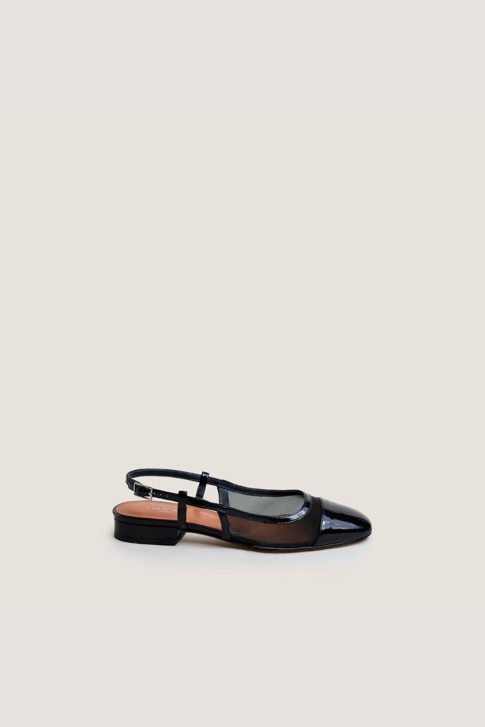 4000861-287-1 Jonak Dragus Ballet Flats, Black Pleated Patent Leather and Black Mesh.
