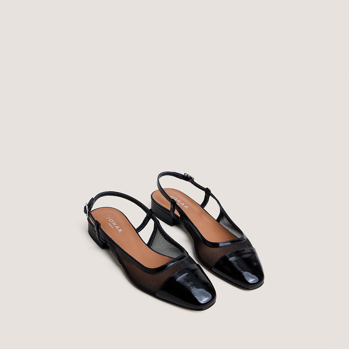 4000861-287-2 Jonak Dragus Ballet Flats, Black Pleated Patent Leather and Black Mesh.