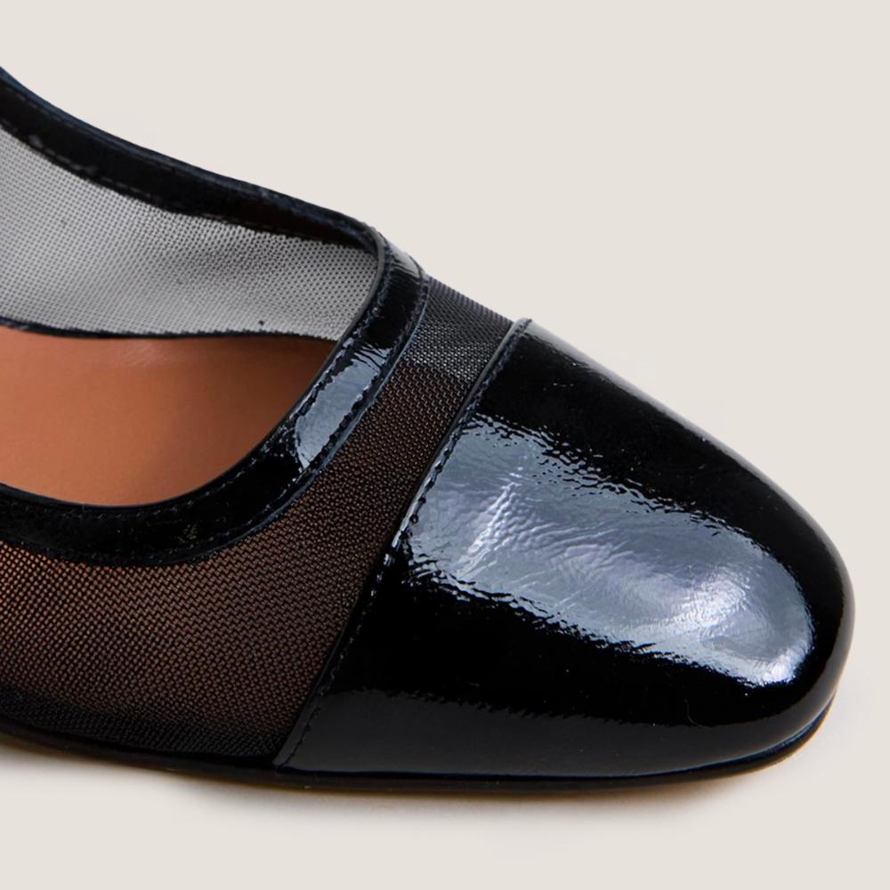4000861-287 Jonak Dragus Ballet Flats, Black Pleated Patent Leather and Black Mesh.