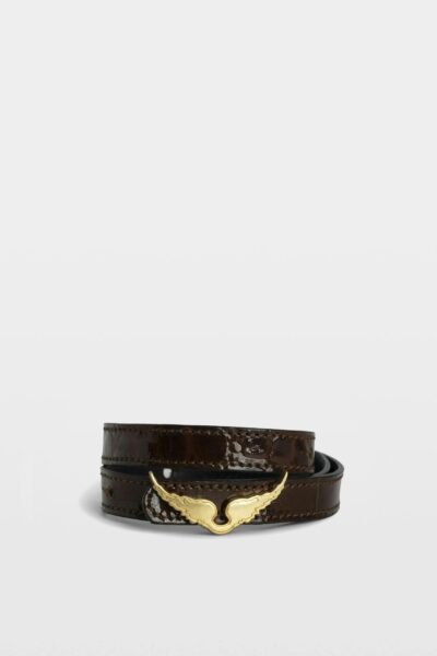 Brown croc-effect embossed leather bracelet with gold wings clasp.